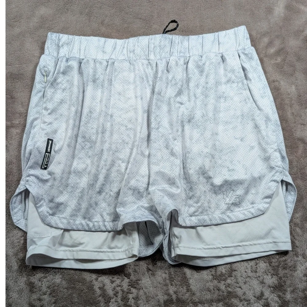 YoungLA 2-in-1 Gym Shorts Mens XXL Grey Marble Mesh Compression Liner Zippered